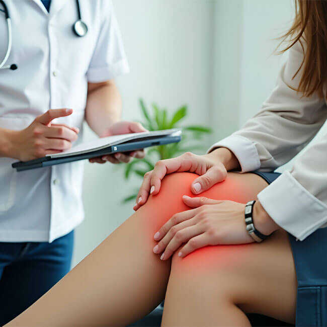 Bác sĩ thực hiện quy trình thăm khám bệnh lý đau khớp gối cho bệnh nhân
